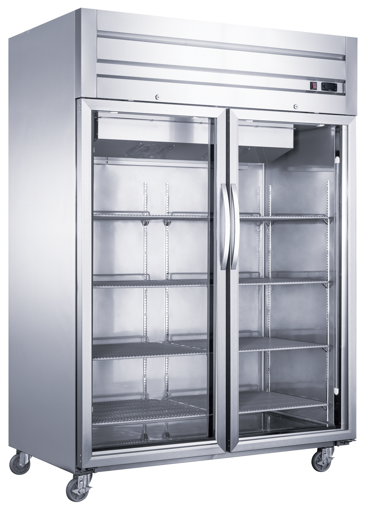 Dukers Top Mount Compressor Double Glass Door Reach In Refrigerator