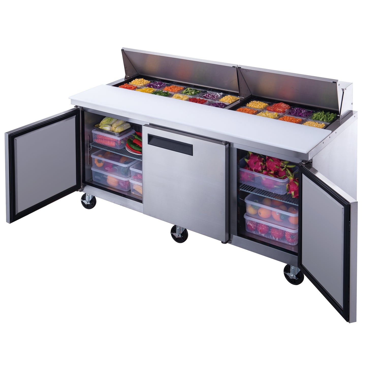 DSP72-18-S3 3-Door Commercial Food Prep Station Table Refrigerator in Stainless Steel